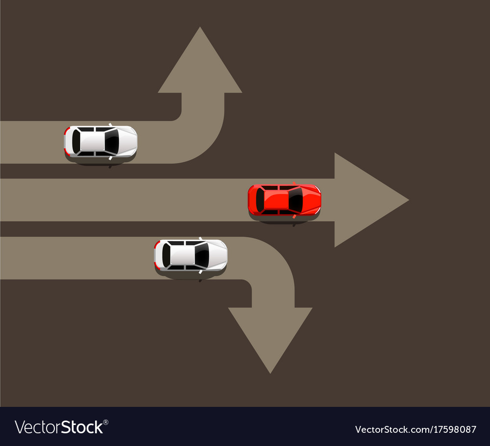 Directions By Car From One Place To Another Car Moving In Different Directions Leader Concept Vector Image