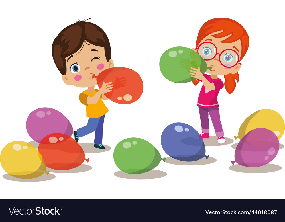 Cute kids blowing balloons and playing Royalty Free Vector