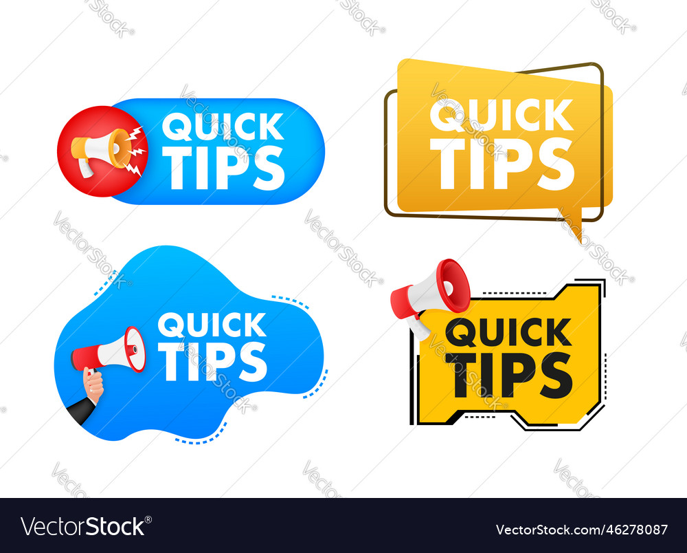 Megaphone label set with text quick tips vector image Megaphone label set with text quick tips