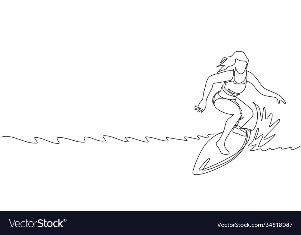 One single line drawing young sporty surfer woman