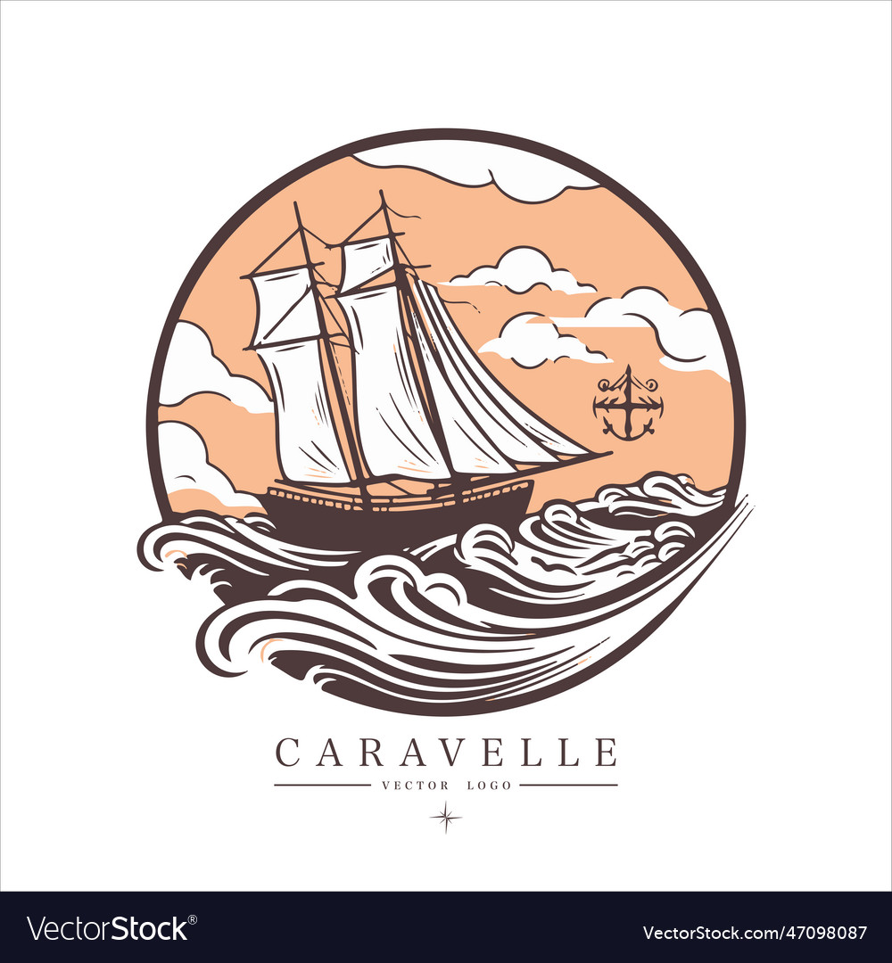 Sailing boat caravelle frigate on the water logo