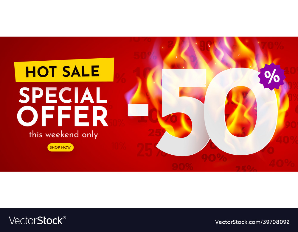 50 Prozent aus heißer Verkauf Banner mit Brennen vector image 50 Prozent aus heißer Verkauf Banner mit Brennen