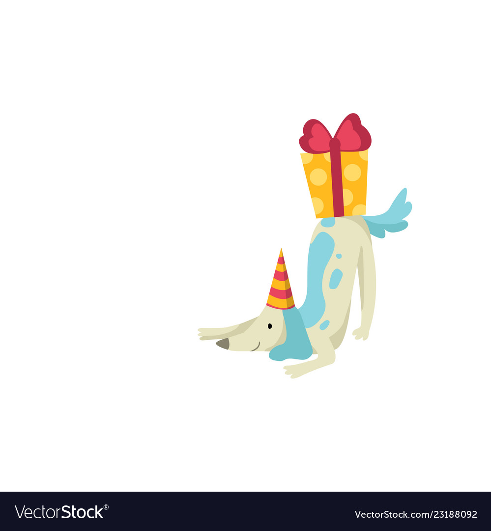 Süßer Hund in Partyhut mit Geschenkbox lustig Cartoon vector image Süßer Hund in Partyhut mit Geschenkbox lustig Cartoon