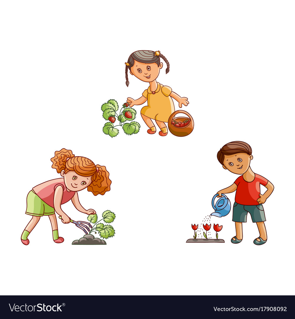 Flat Children In Garden Scenes Set Isolated Vector Image Flat Children In Garden Scenes Set Isolated Vector Image