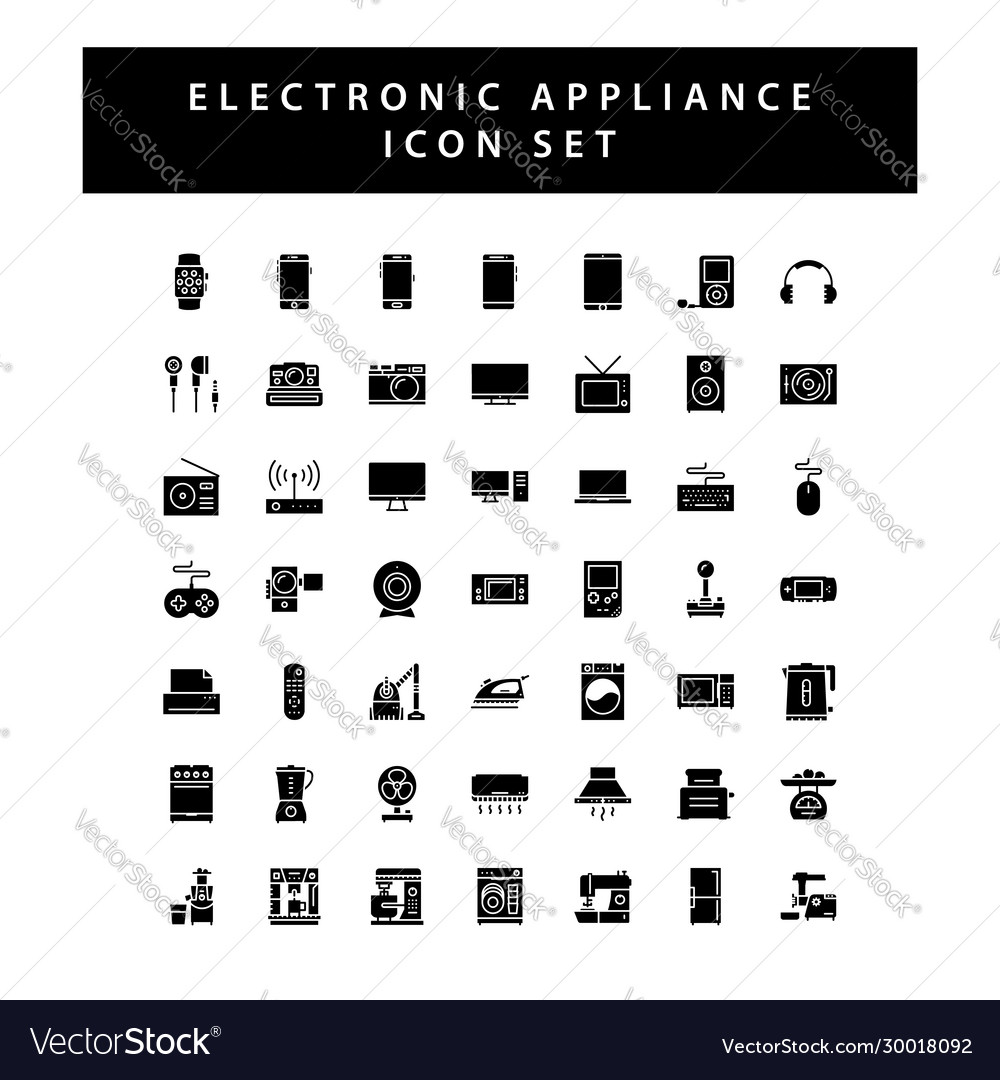 Home appliances electronic icon set with black