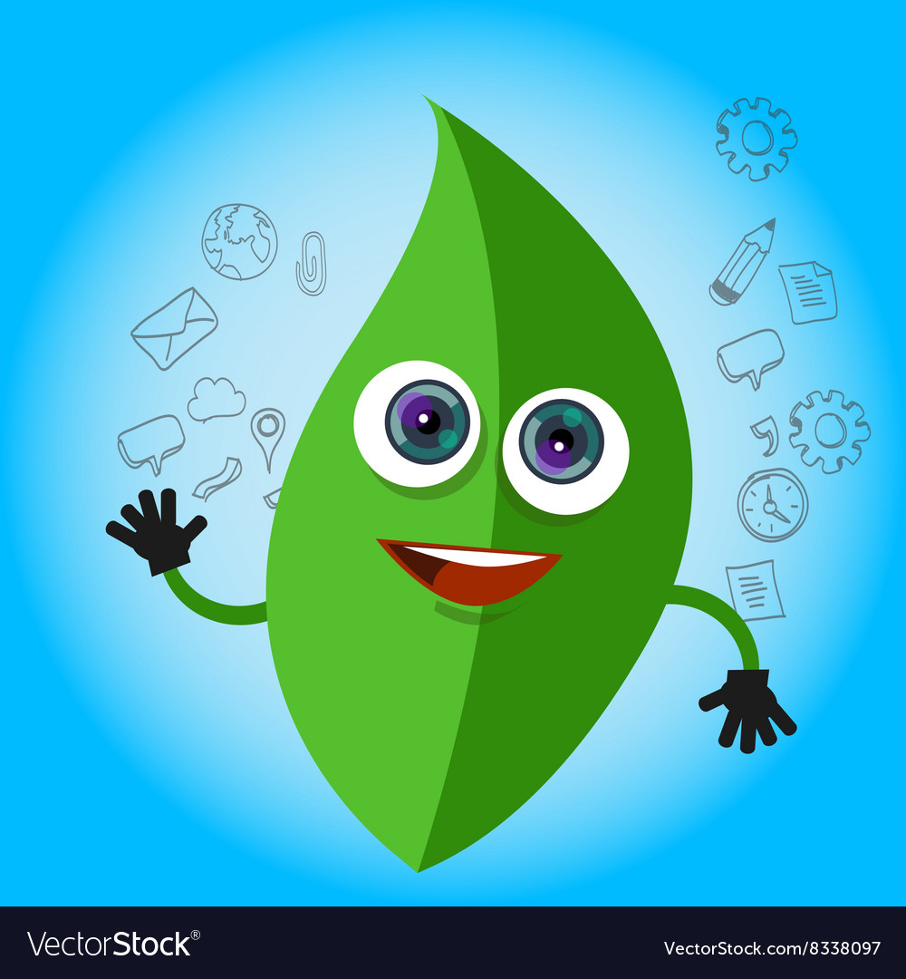 Leaf Smile Cartoon Character Green Eco Big Eyes Vector Image