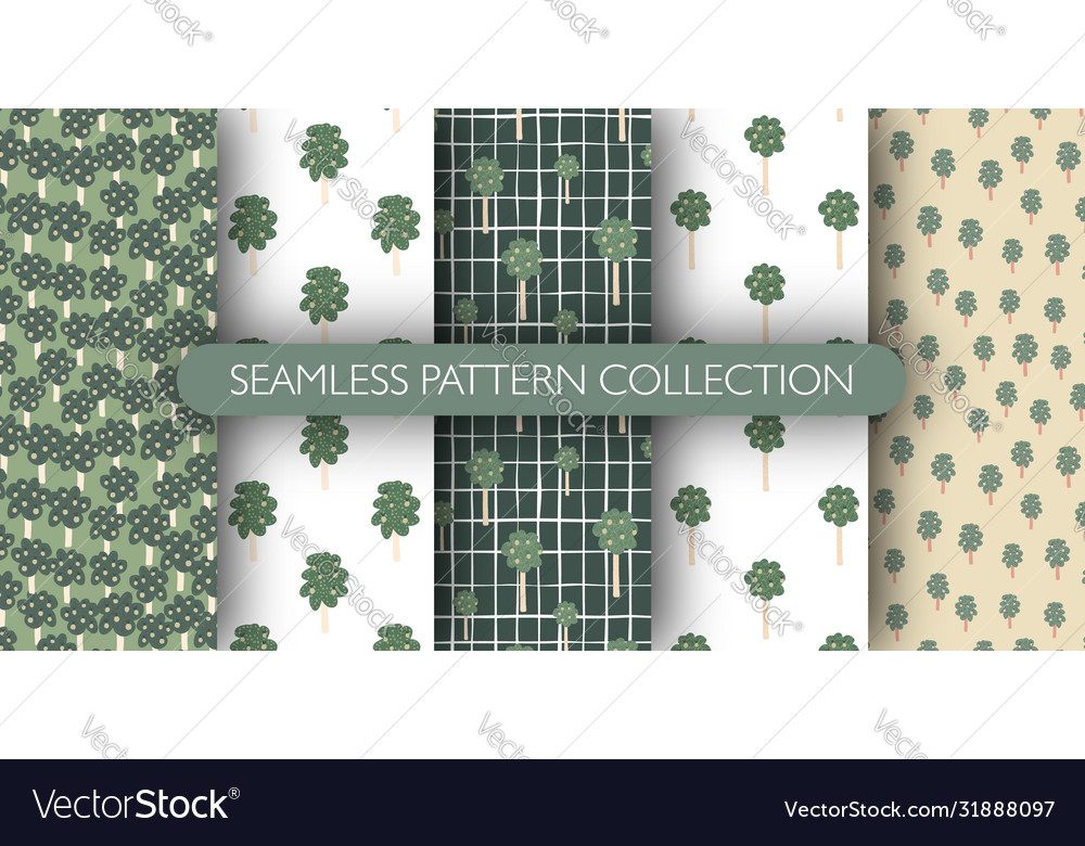 Set fruit trees seamless pattern doodle style