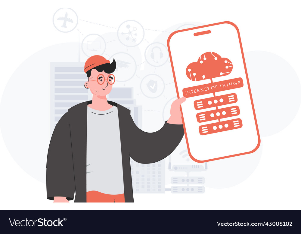 Internet of things and automation concept the guy vector image Internet of things and automation concept the guy