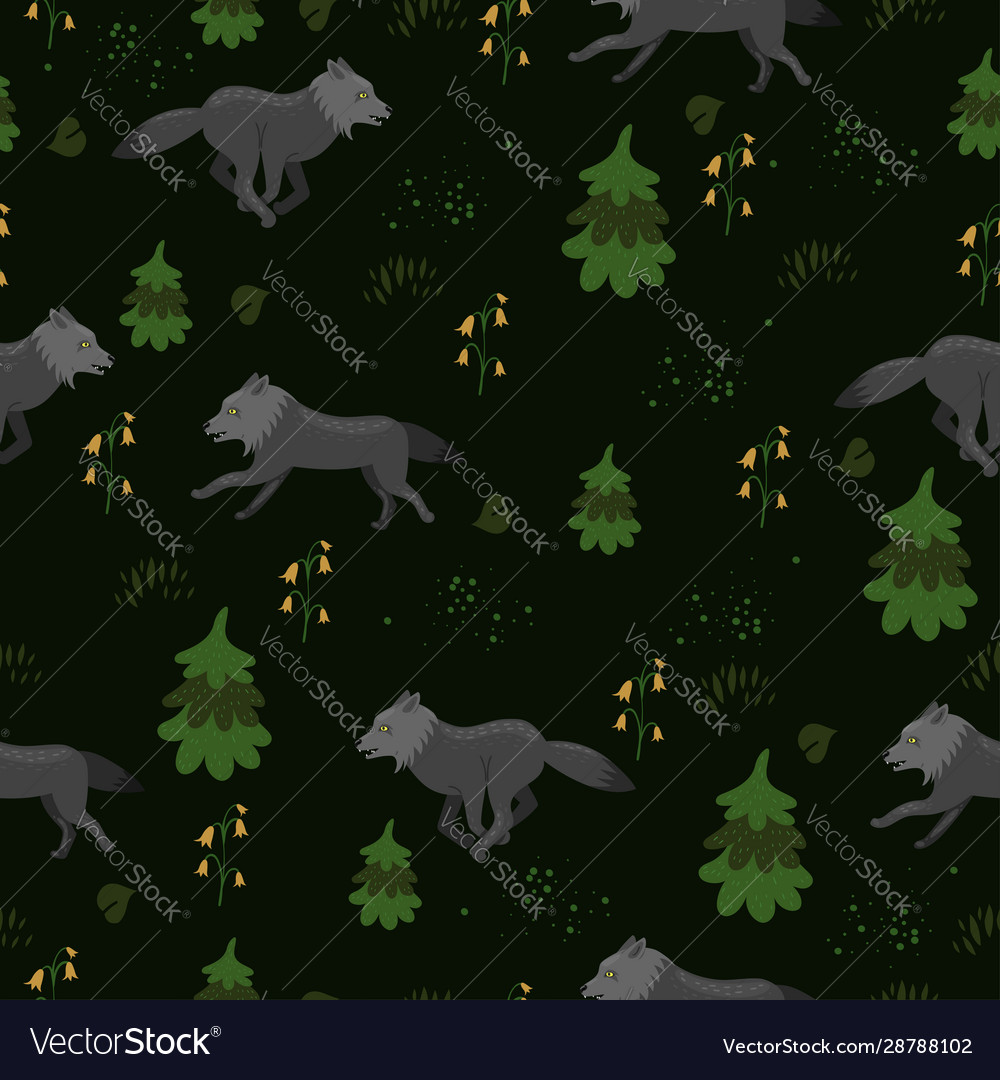Seamless pattern with wolves in forest