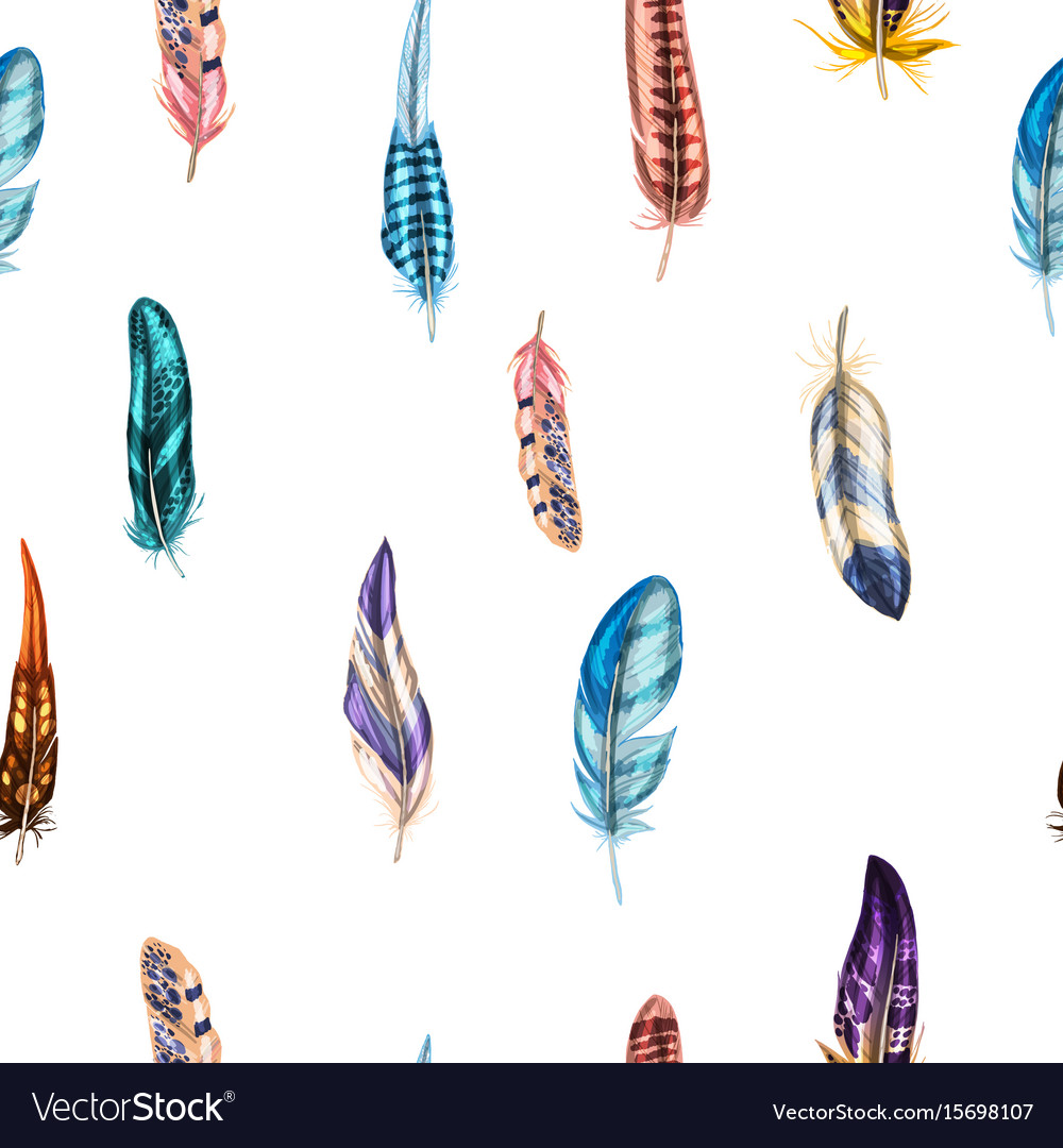 Seamless pattern with colorful detailed feathers