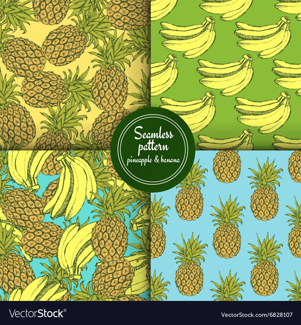 Sketch Satz von Mustern mit Ananas und Bananen