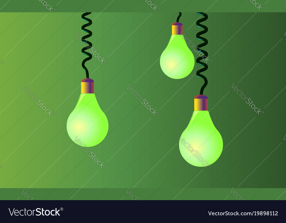 Hanging on cords three light bulbs a green