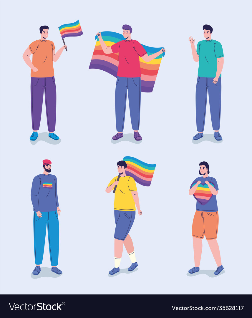 Group six persons with lgtbi flags characters Vector Image