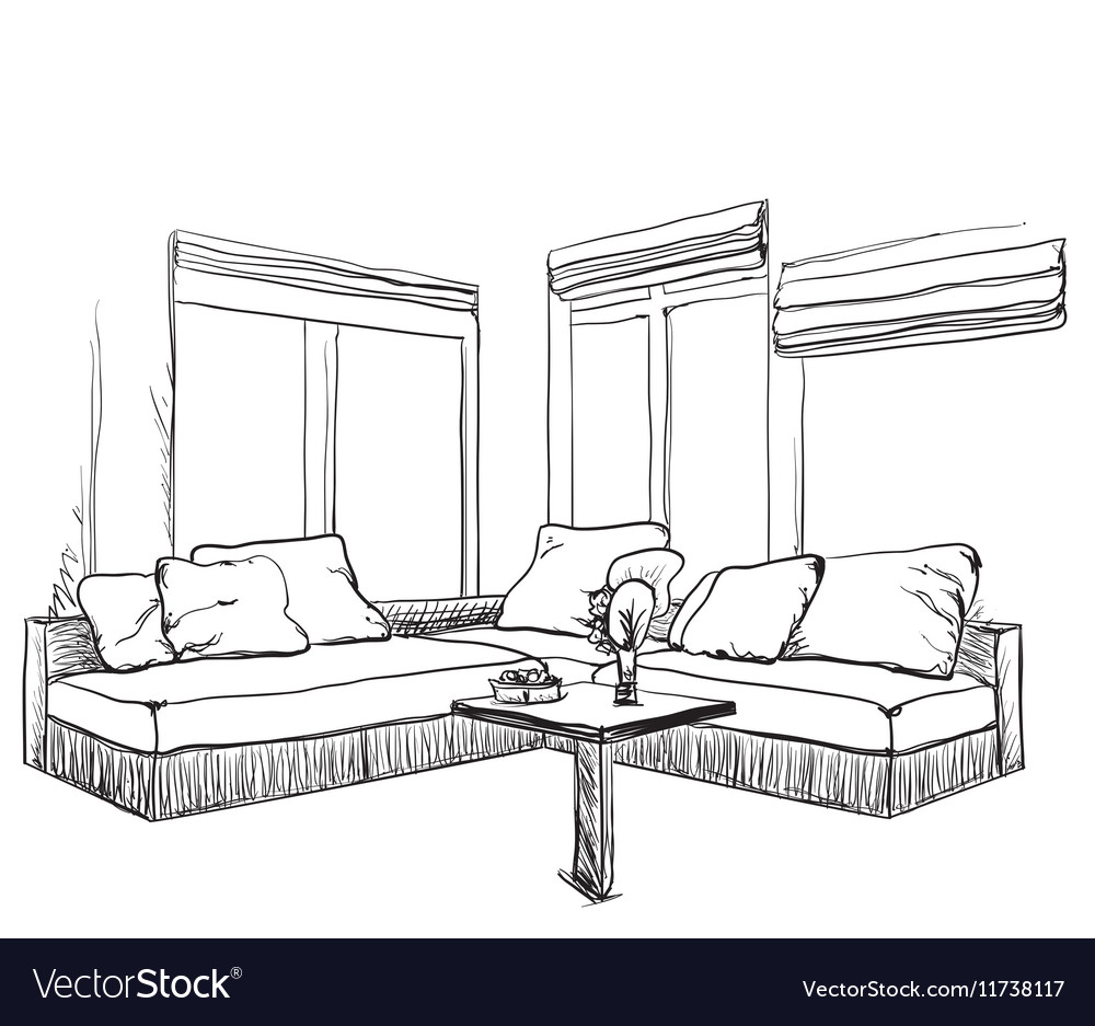 Hand drawn sketch of modern living room interior