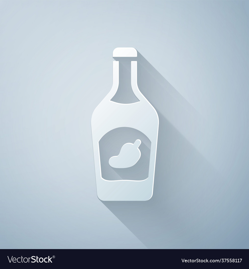 Paper cut ketchup bottle icon isolated on grey