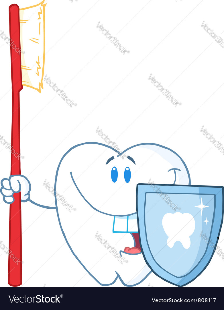 Smiling tooth with toothbrush and shield
