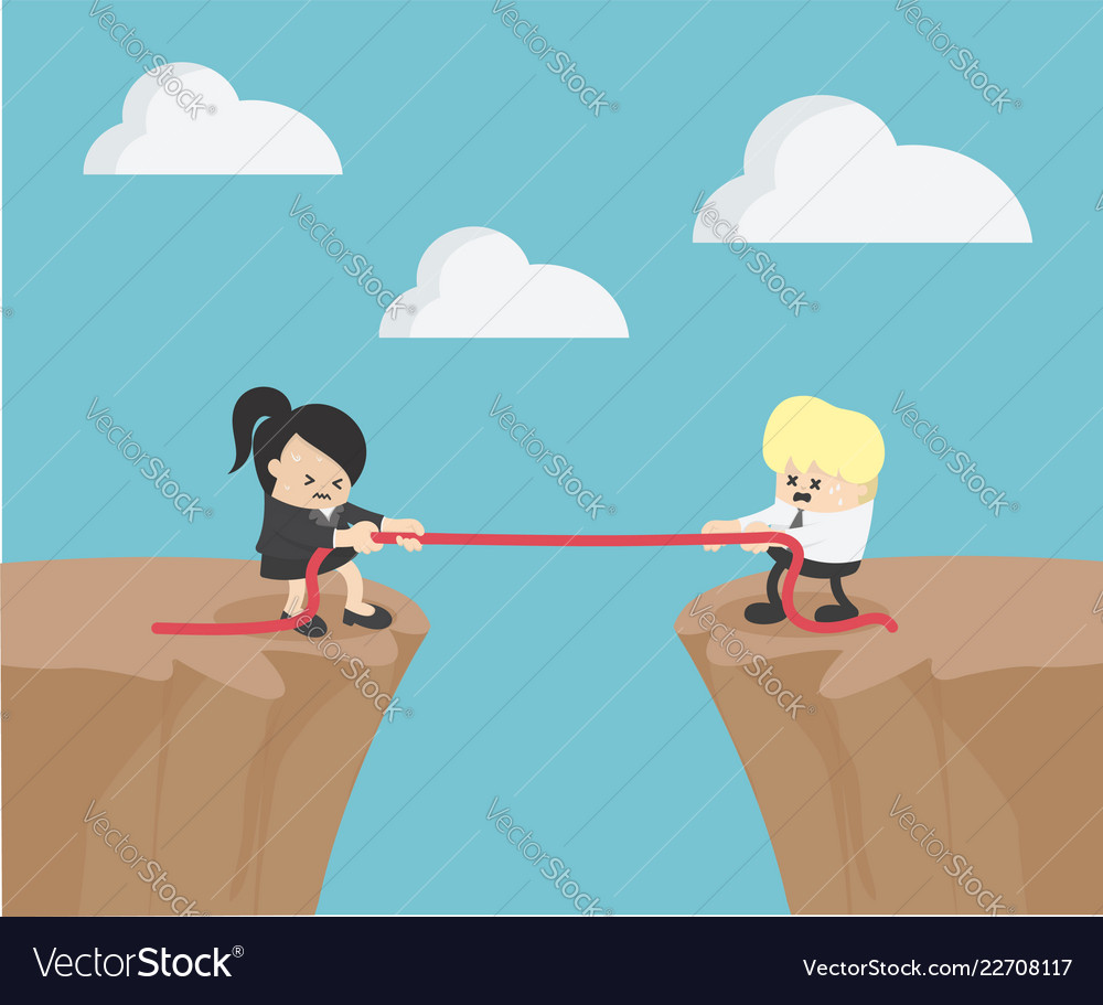 Two businessmen competing on a dangerous cliff