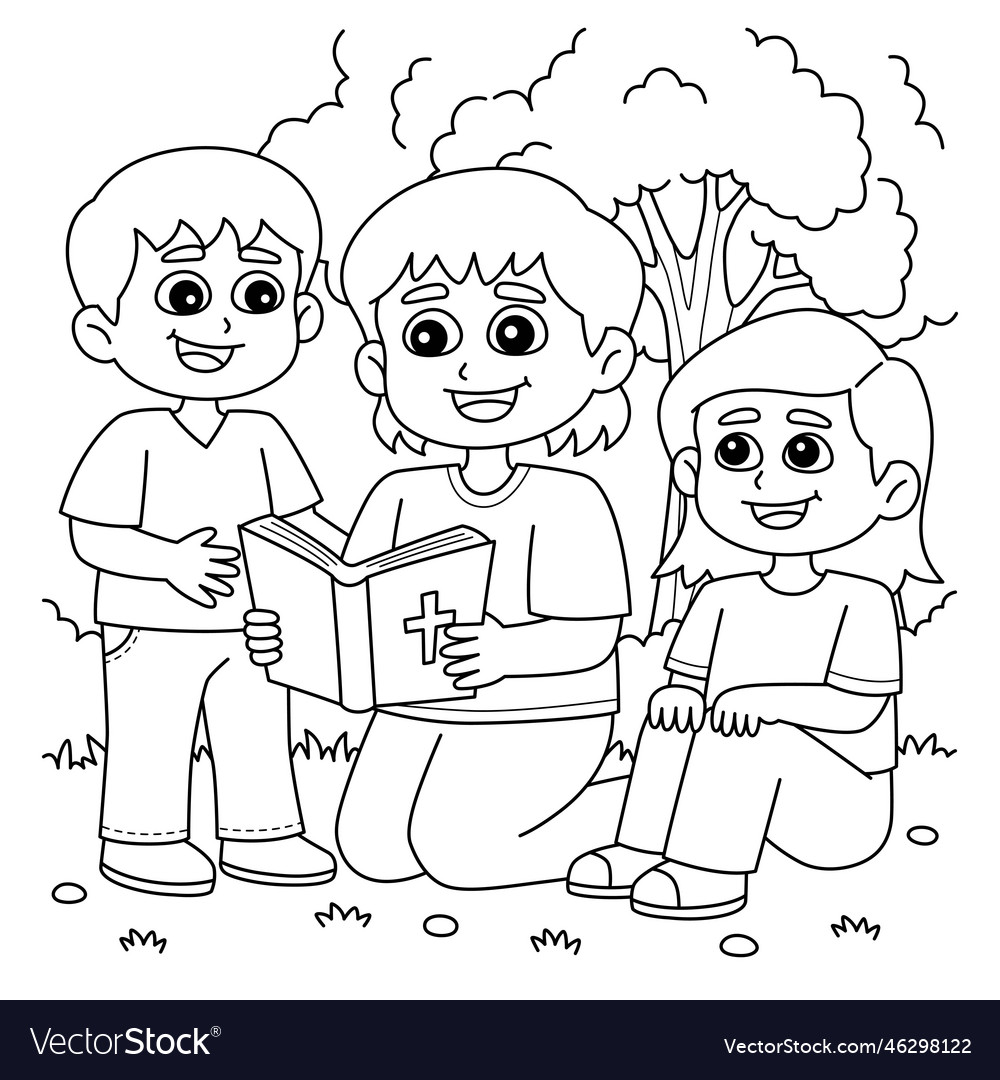 Christian Children Reading A Bible Coloring Page Vector Image