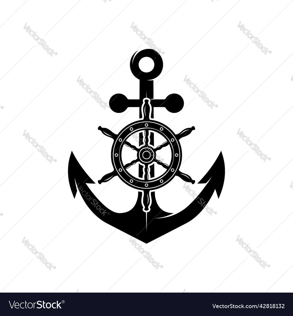 An anchor with ship steering wheel in monochrome Vector Image