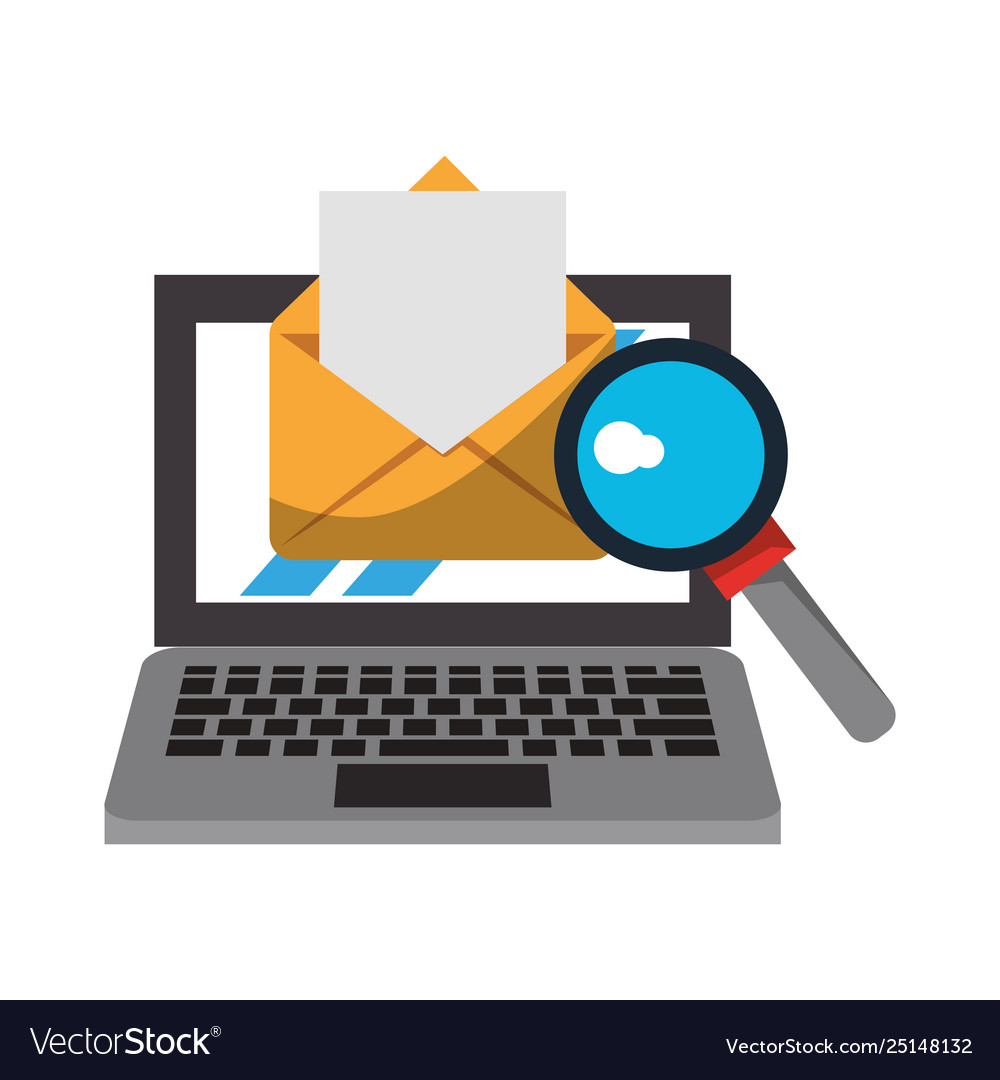 Computer with magnifying glass and document