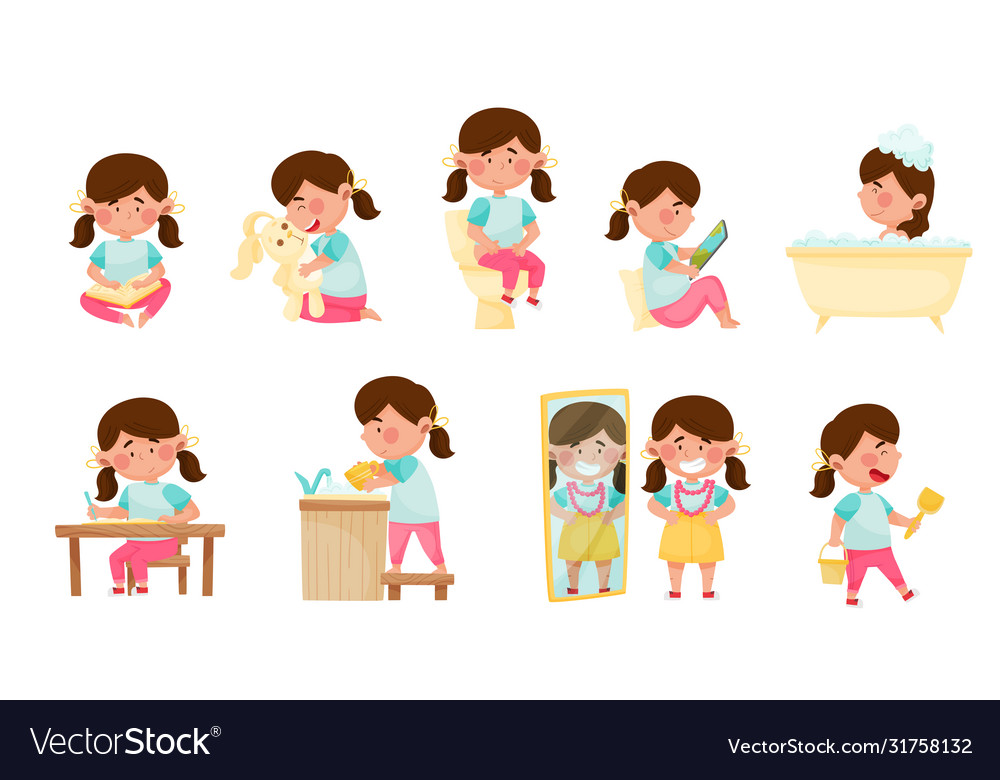 Cute girl character reading book and bathing Vector Image