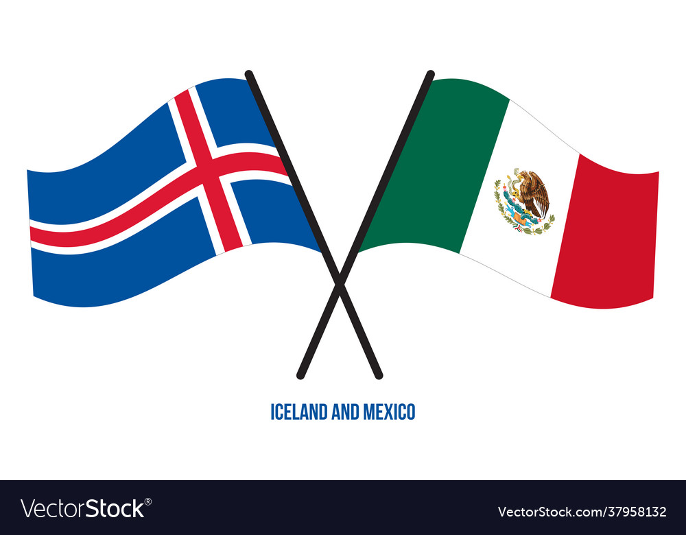 Iceland and mexico flags crossed waving flat