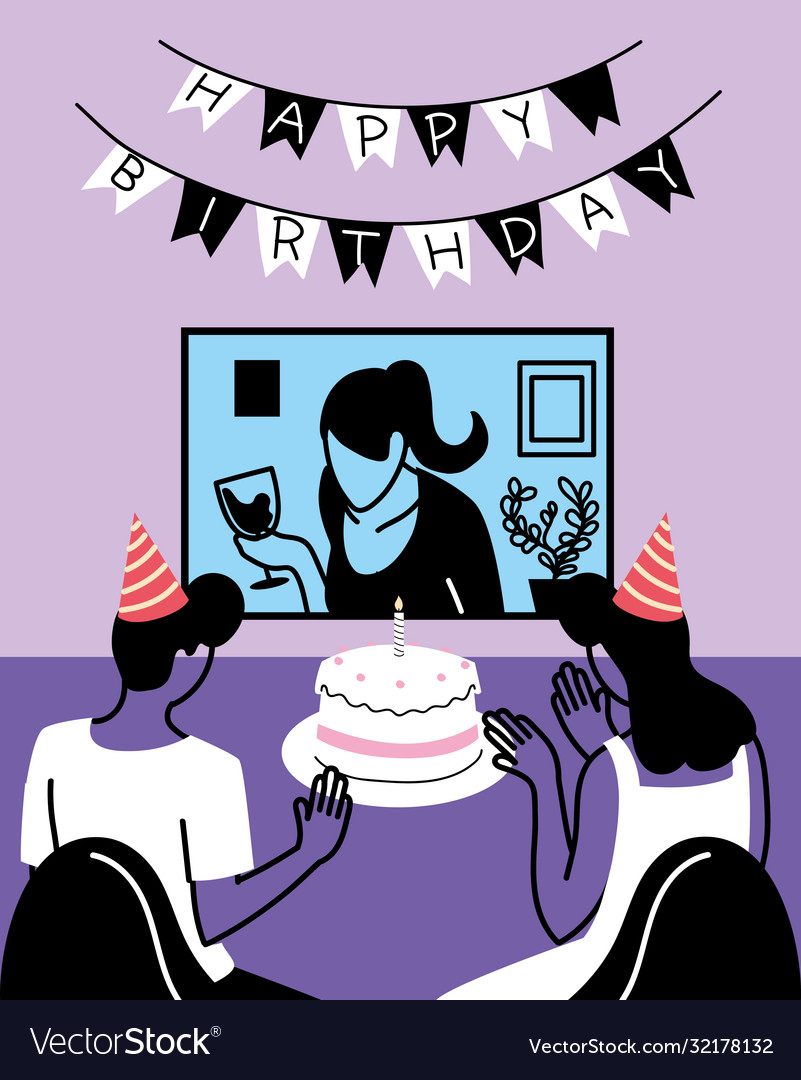 Man and woman with party hat waving girl on screen