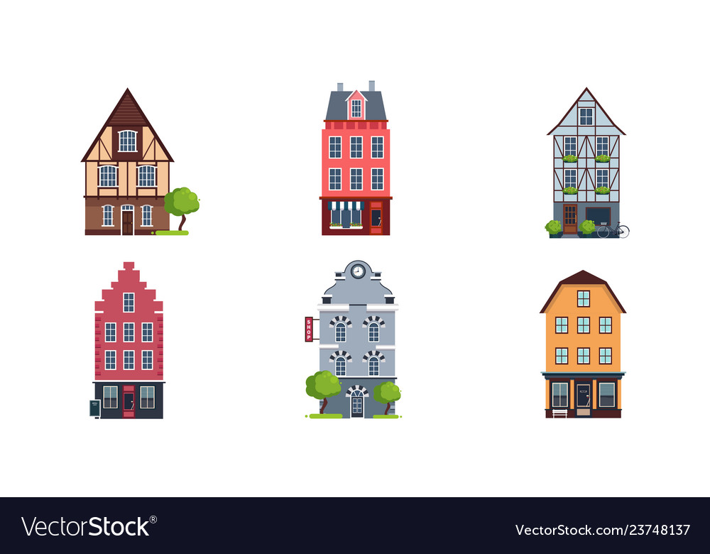 Colorful European Facades Of Houses Set Buildings Vector Image