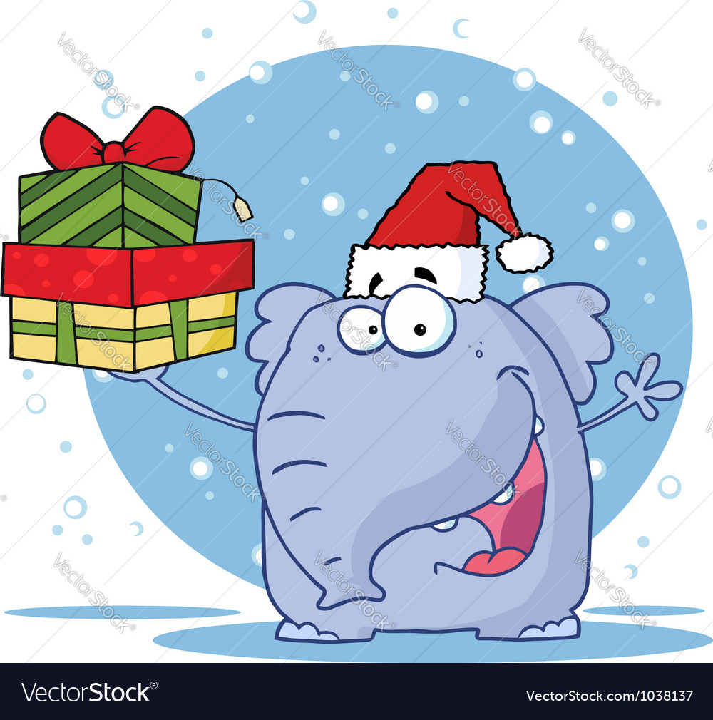 Elephant holds up gifts in the snow