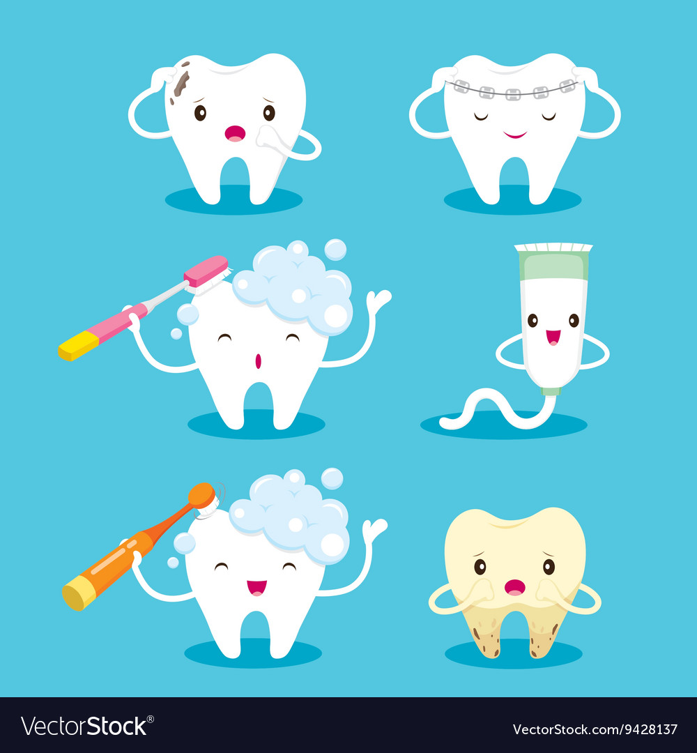 Tooth With Brush And Toothpaste Character Set Vector Image