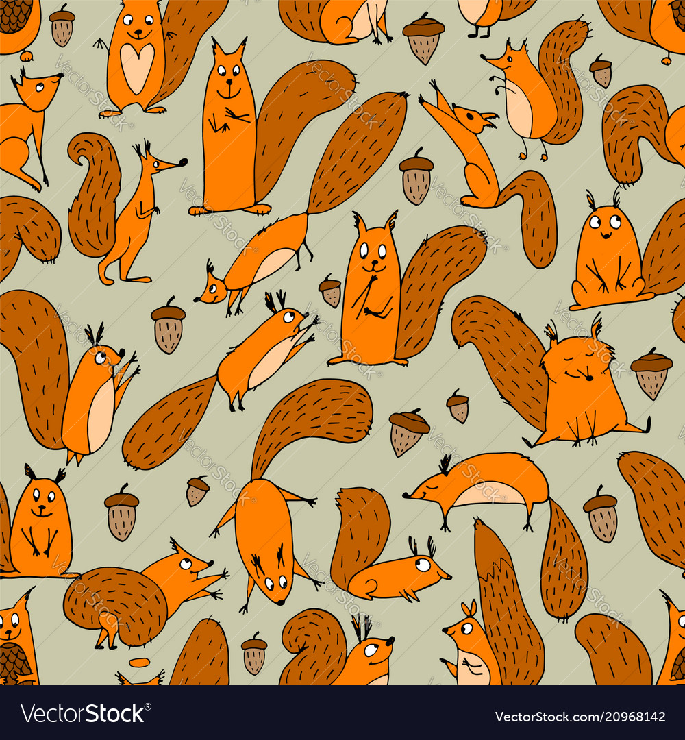 Funny squirrel with nut seamless pattern for your vector image Funny squirrel with nut seamless pattern for your