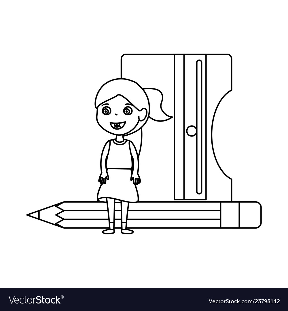 Kleine Studentin Mädchen mit Spitzer und Bleistift vector image Kleine Studentin Mädchen mit Spitzer und Bleistift