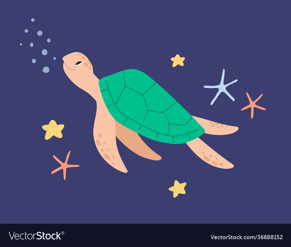 Cute sea turtle swimming in water among starfishes