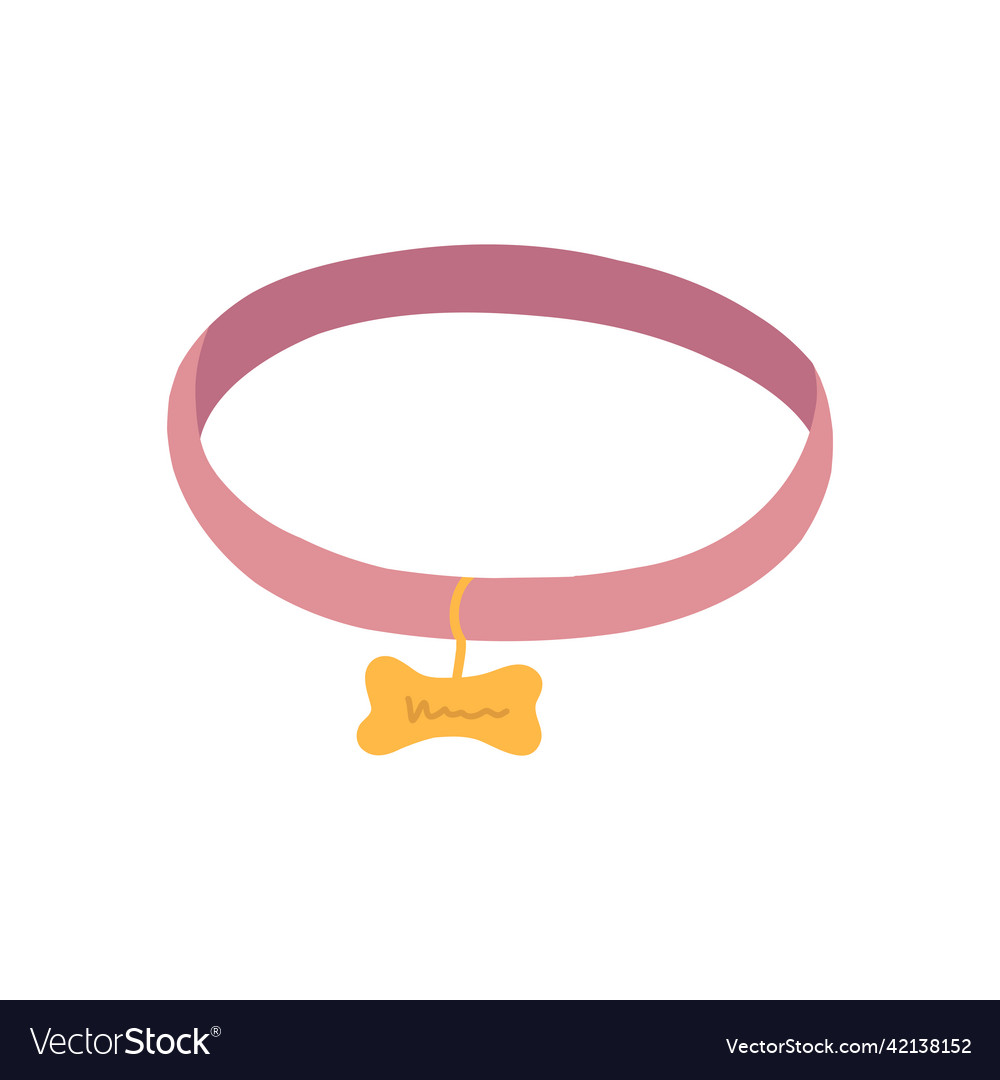 Pink pet collar with golden bone in cartoon flat