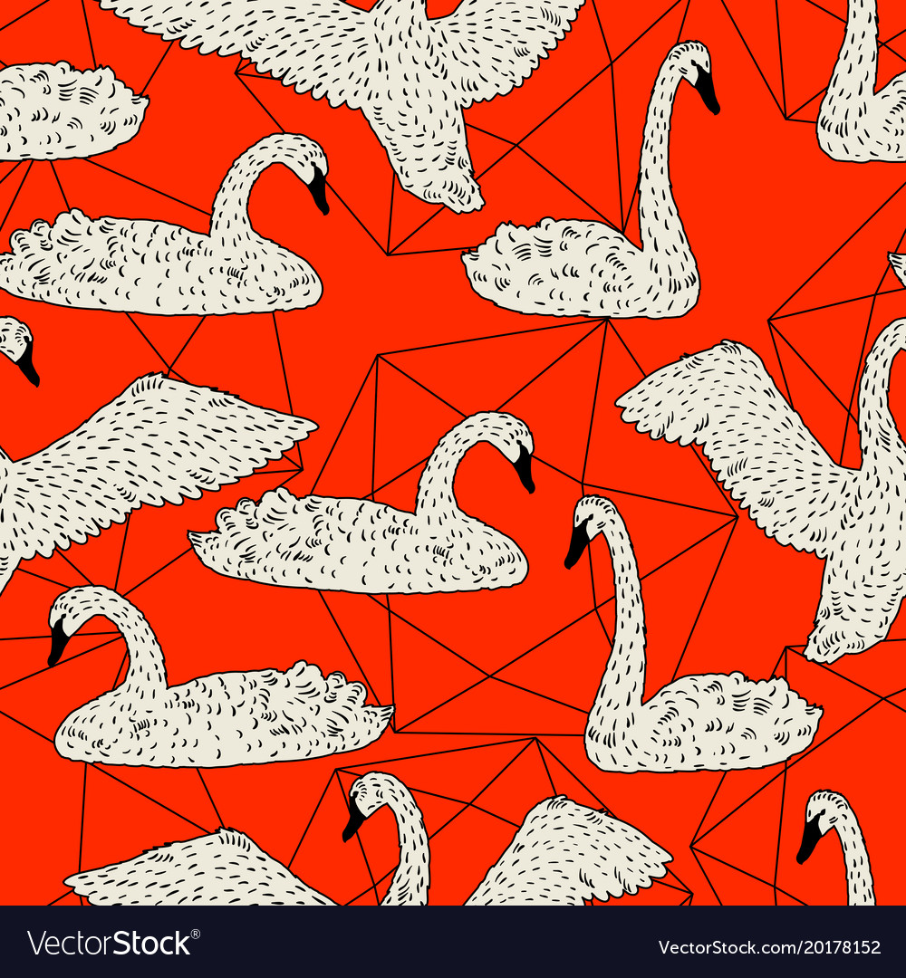 Seamless pattern with floating white swans hand