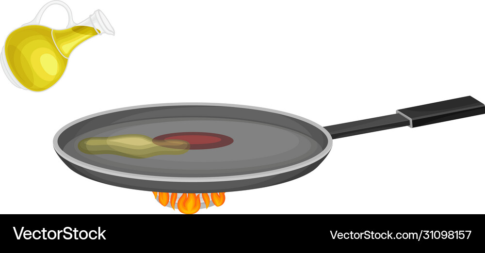 Frying pan on burner with heating oil for pancake Vector Image