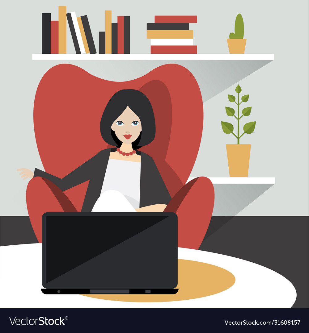 Home office woman work in living room at house vector image Home office woman work in living room at house