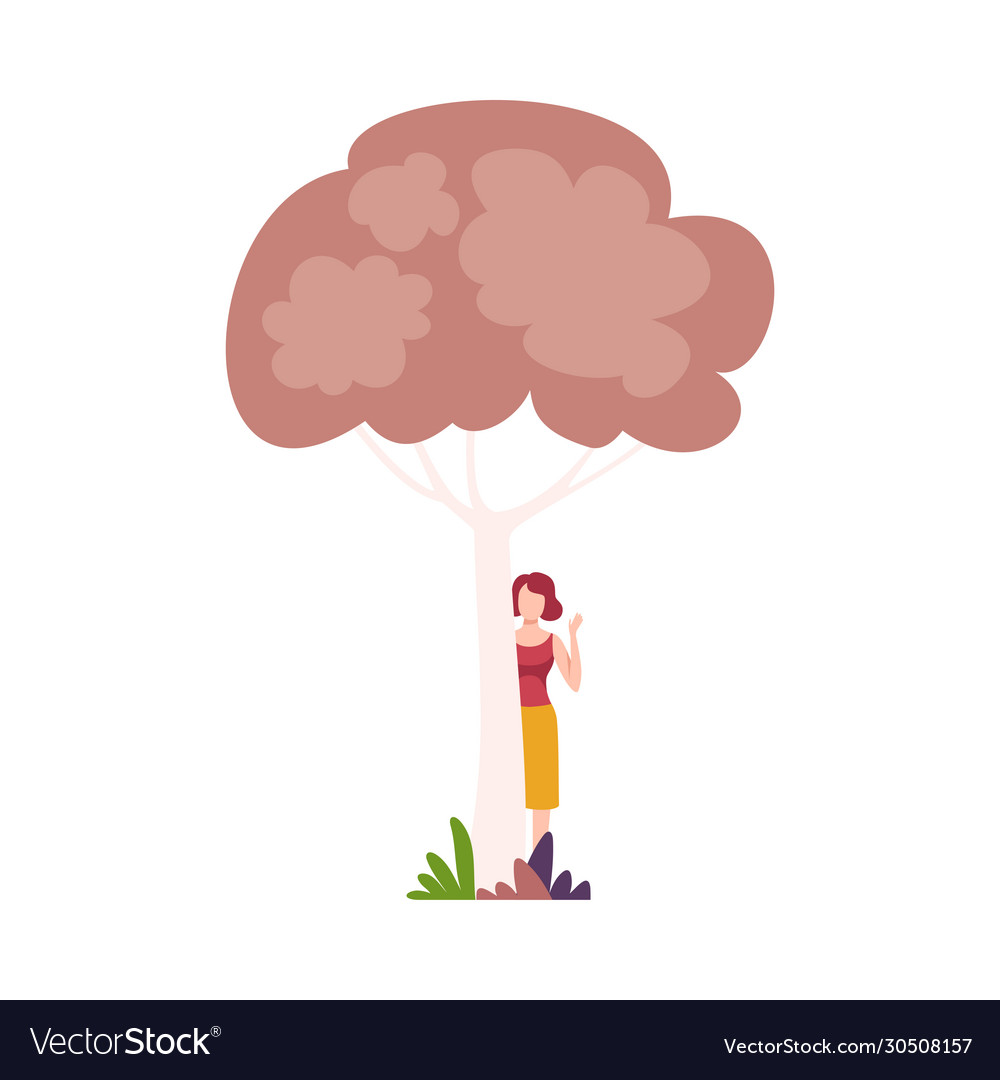 Young woman standing behind tree and waving her Vector Image