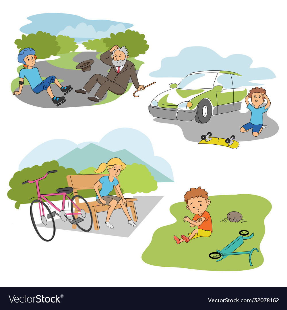 Accident With Kids On Road People Scenes Flat Set Vector Image