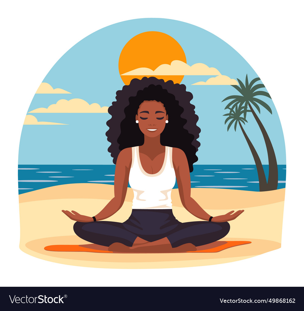 African american woman meditating on beach at Vector Image