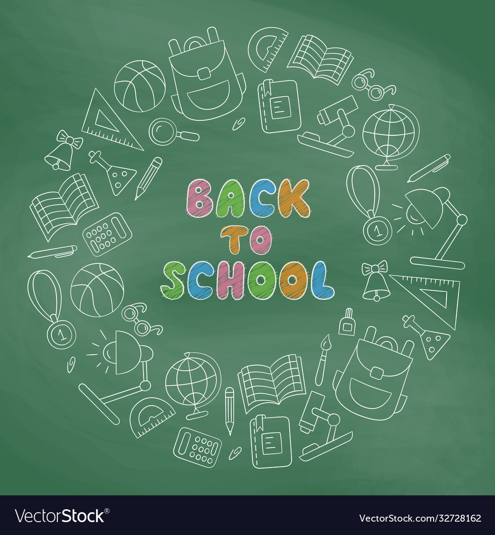 Back to school card with lettering and set vector image Back to school card with lettering and set