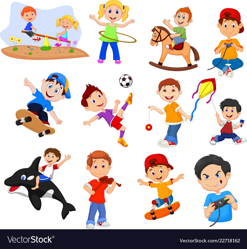 Cartoon kids with different hobbies on a white bac