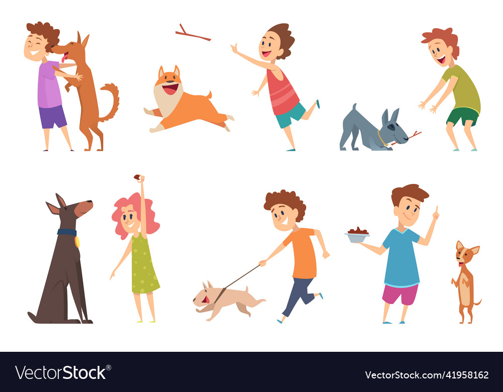 Kids with dogs happy children playing hugging Vector Image