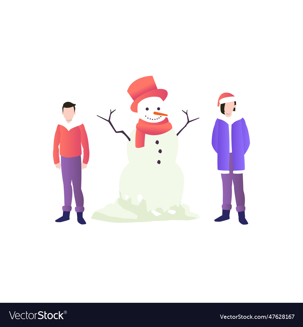 A boy and girl are standing next to snowman