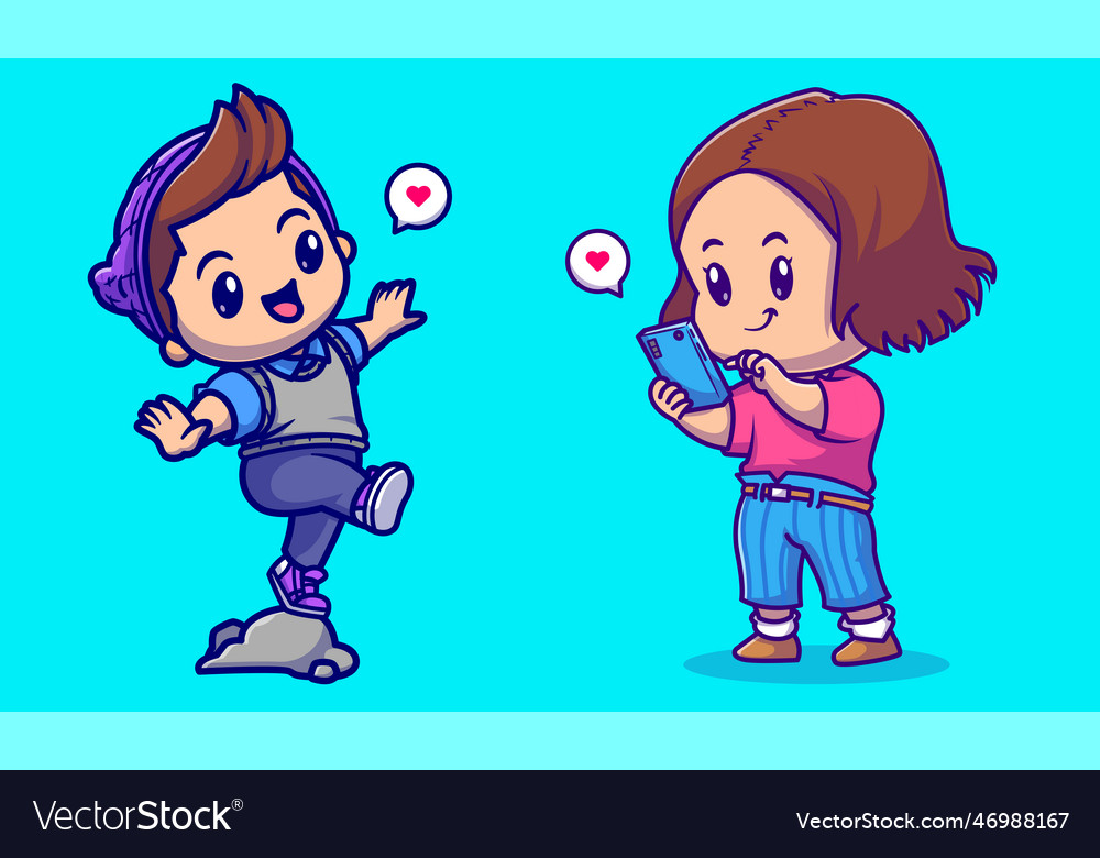 Free cute boy stepping on the rock cartoon