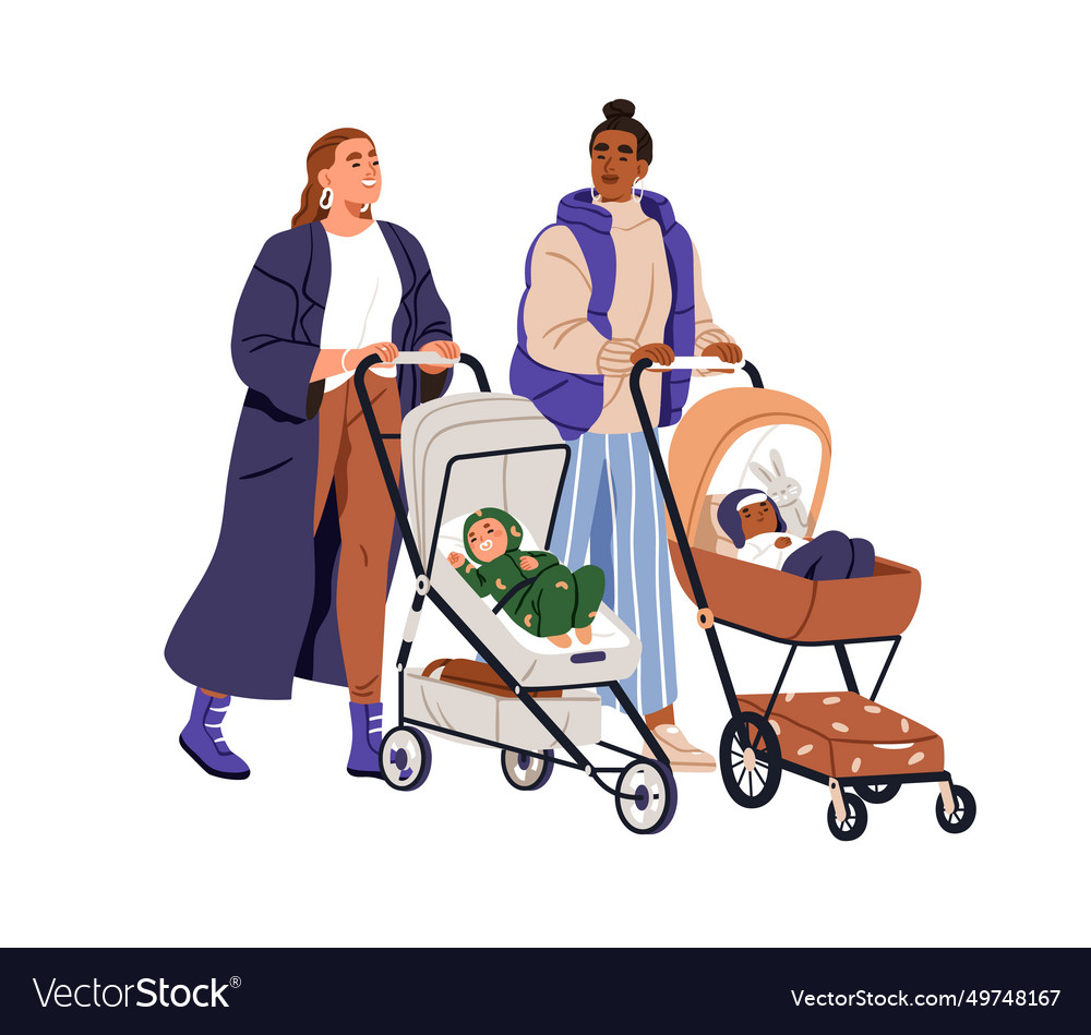 Mothers friends with babies in prams strolling