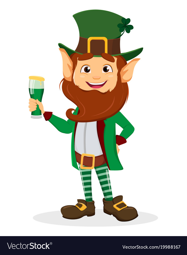 Smiling cartoon character leprechaun with green