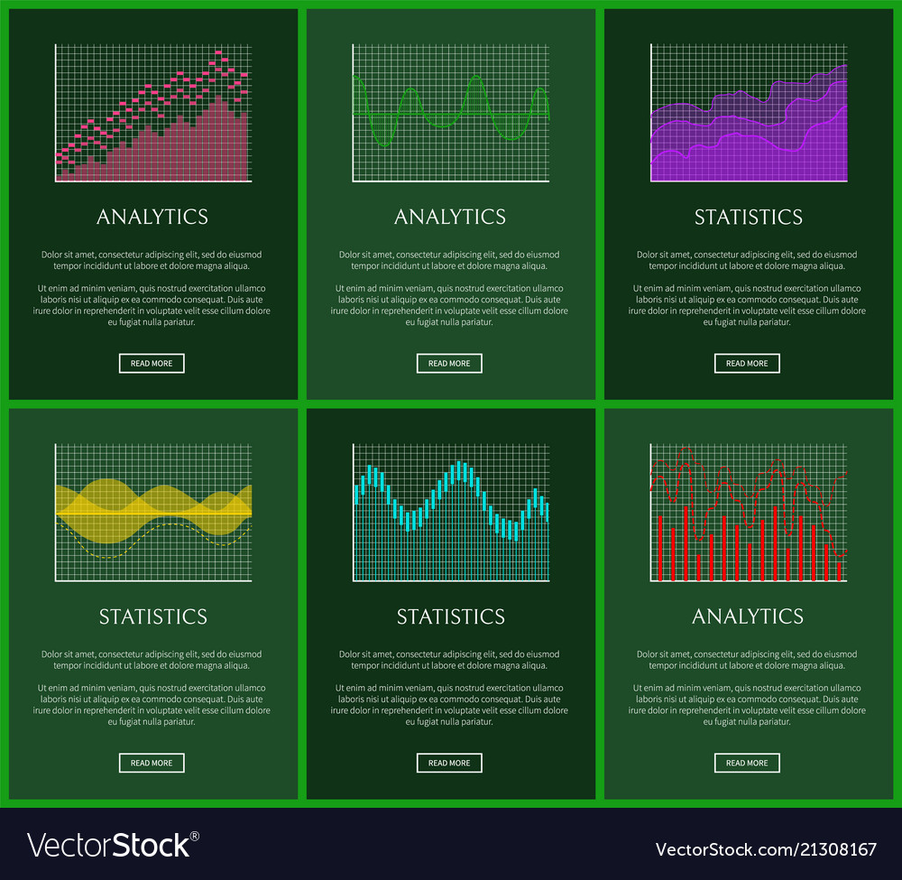 Statistics plots and analytics graphs cards vector image Statistics plots and analytics graphs cards
