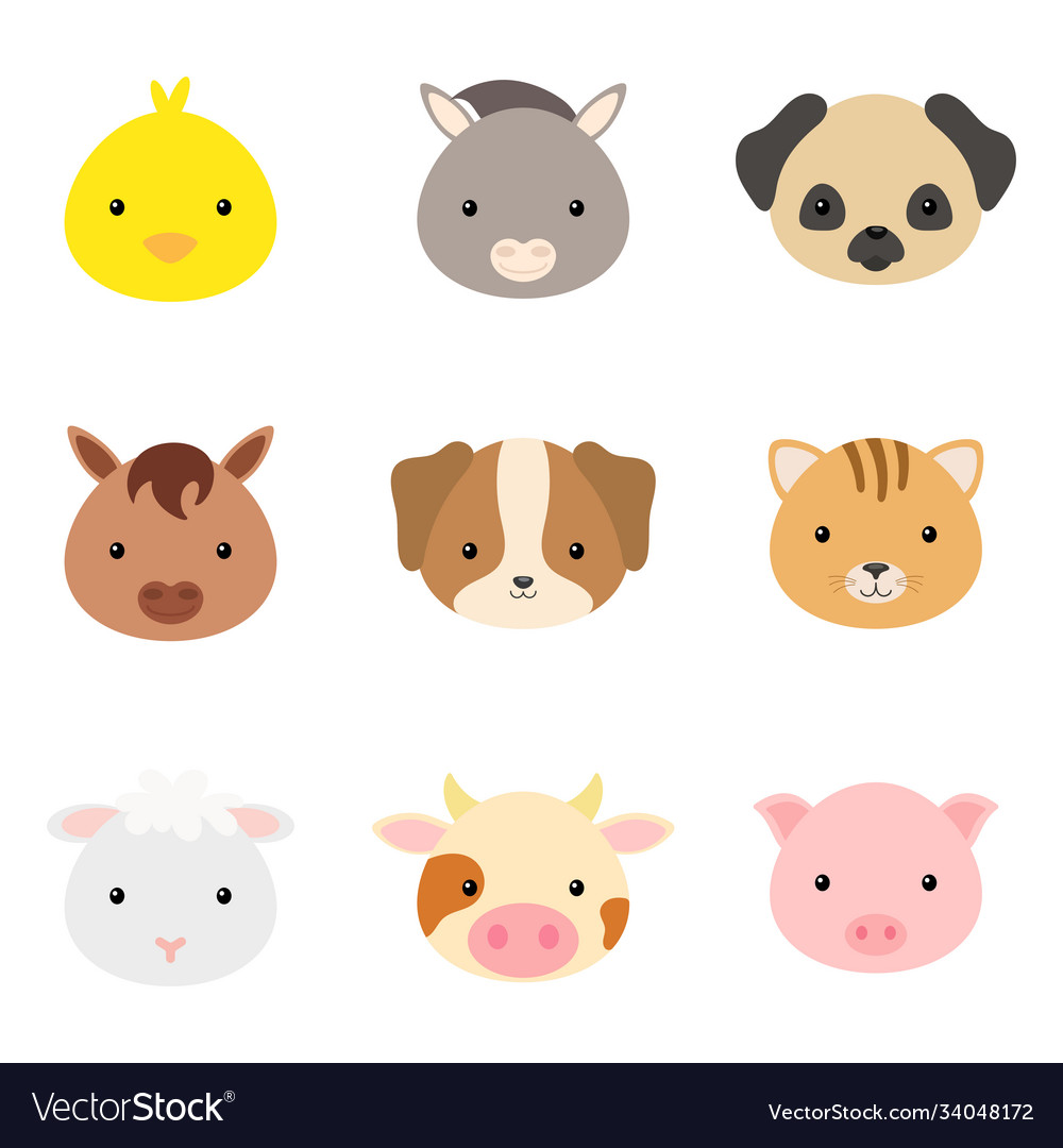 Cute funny animal heads domestic cartoon Vector Image