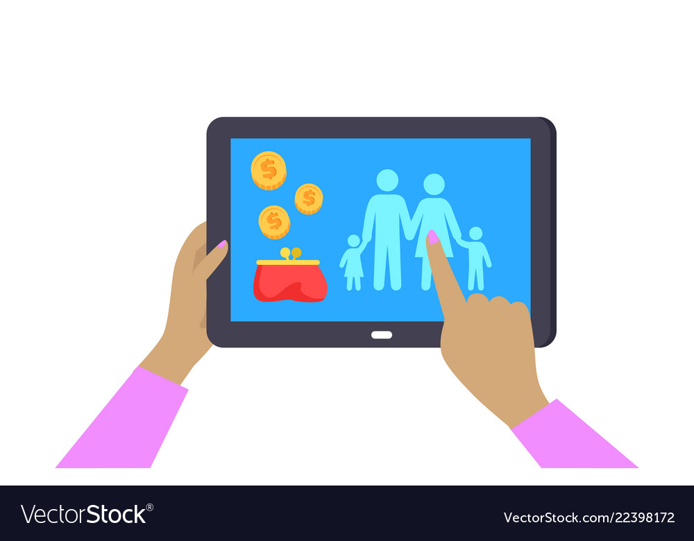 Female hands holding dark tablet colorful poster